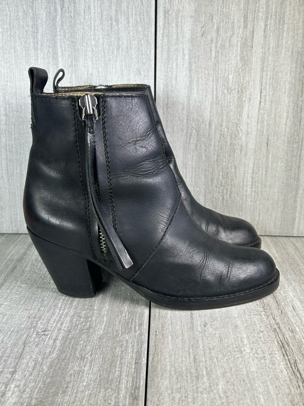 Acne Studios Pistol Black Leather Ankle Booties Block Heel Womens Size 7 EUR 37